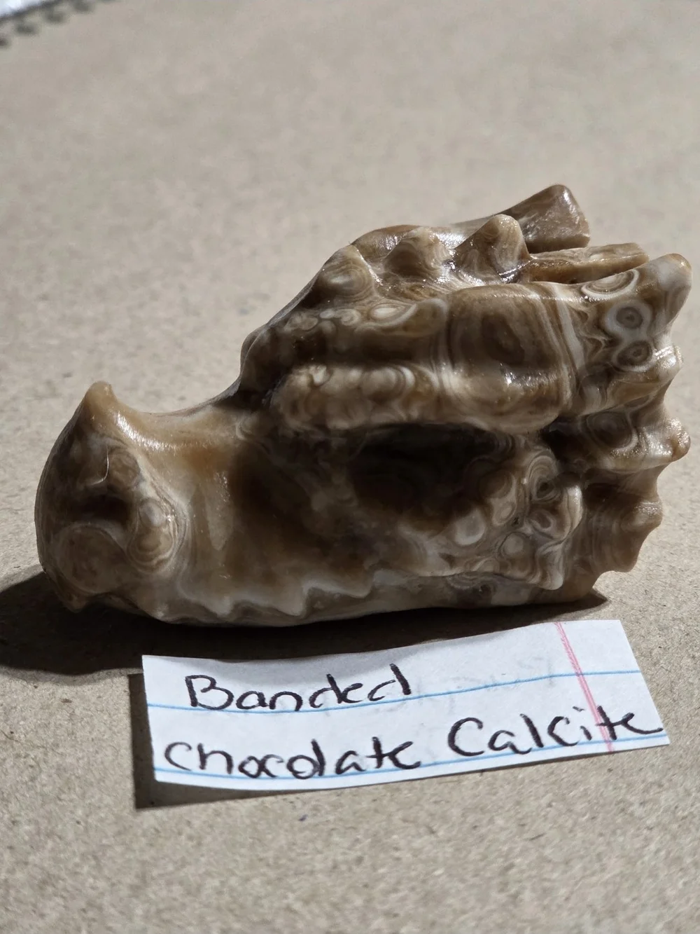 Detailed Chocolate Banded Calcite Crystal Carved Dragon Head Stone Sculpture